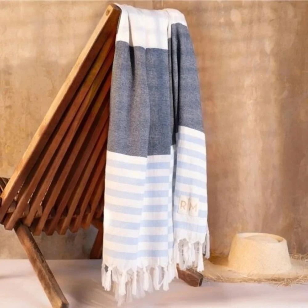 RACHEL MIRIAM Positano Turkish Style Towel Sea Blue Striped Luxurious Beach Pool